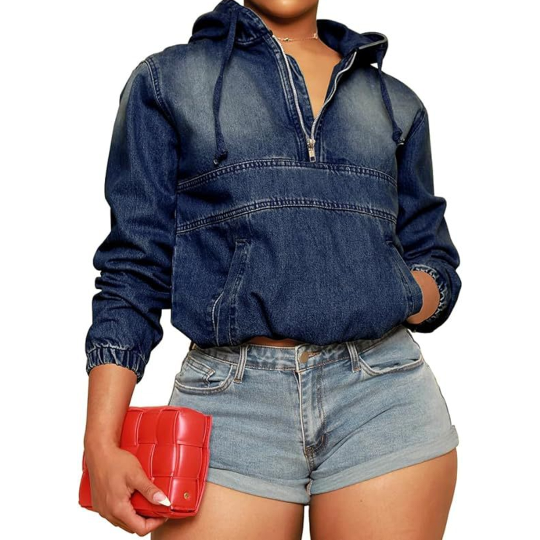 Hooded Quarter Zip Kangaroo Pocket Denim Pullover Jacket