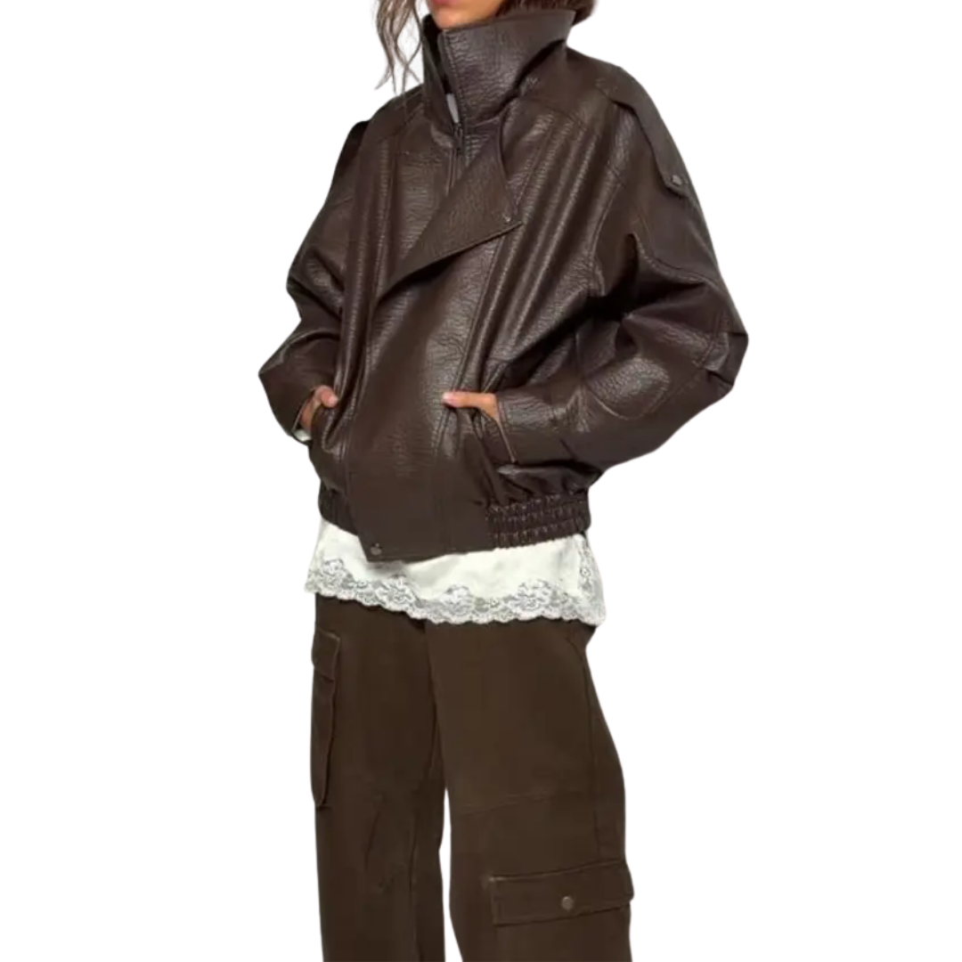 High Neck Zip Front Oversized Faux Leather Jacket 3