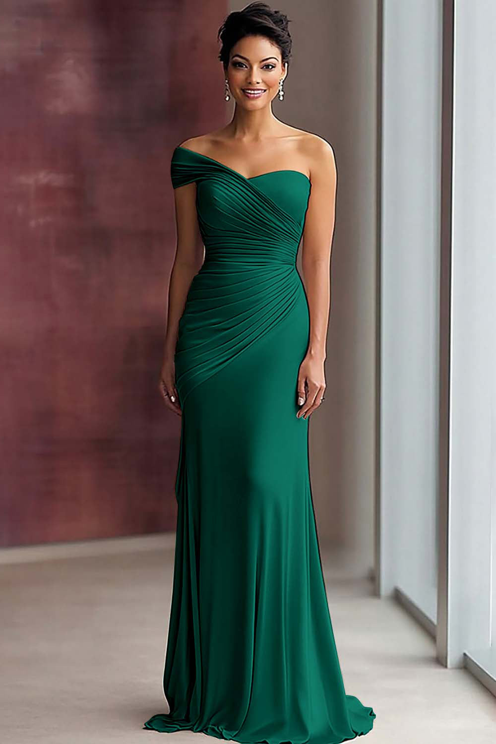 Light Khaki Jersey One Shoulder Sheath Long Pleated Gala Dress