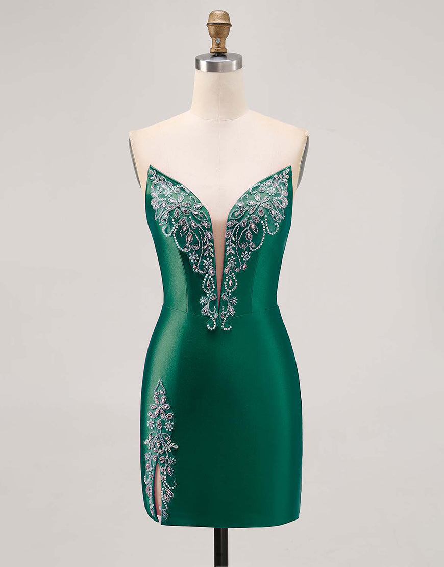 Sparkly Fuchsia Satin Tight Strapless Short Homecoming Dress with Rhinestones