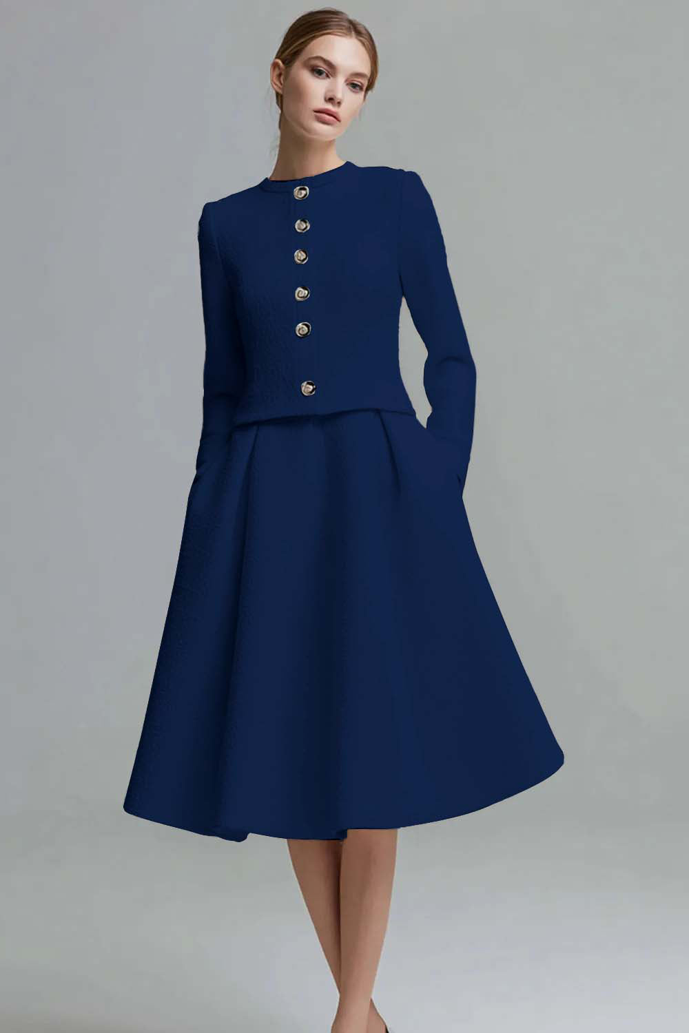 Ivory Tweed 2 Piece Midi Homecoming Outfits with Pockets