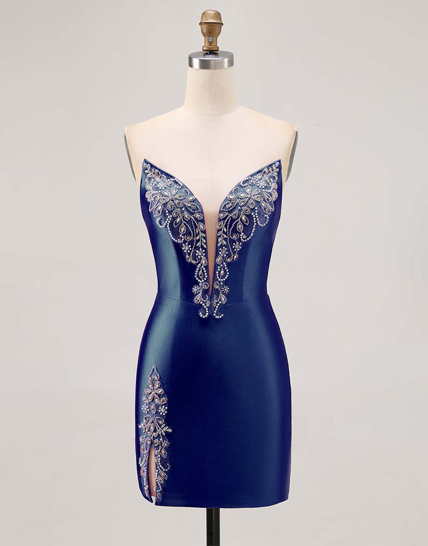 Sparkly Fuchsia Satin Tight Strapless Short Homecoming Dress with Rhinestones