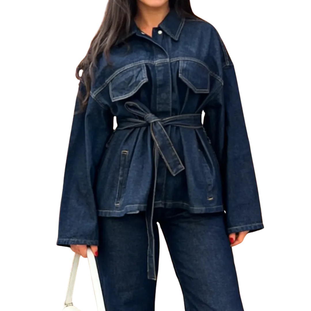 Belted Button Front Oversized Denim Jacket