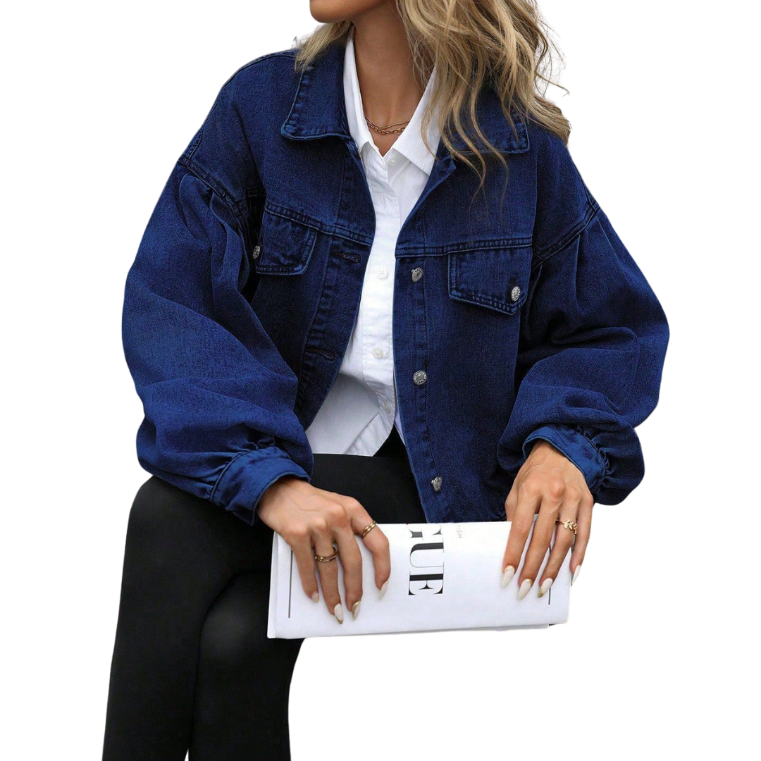 Button Front Drop Shoulder Oversized Cropped Denim Jacket 4