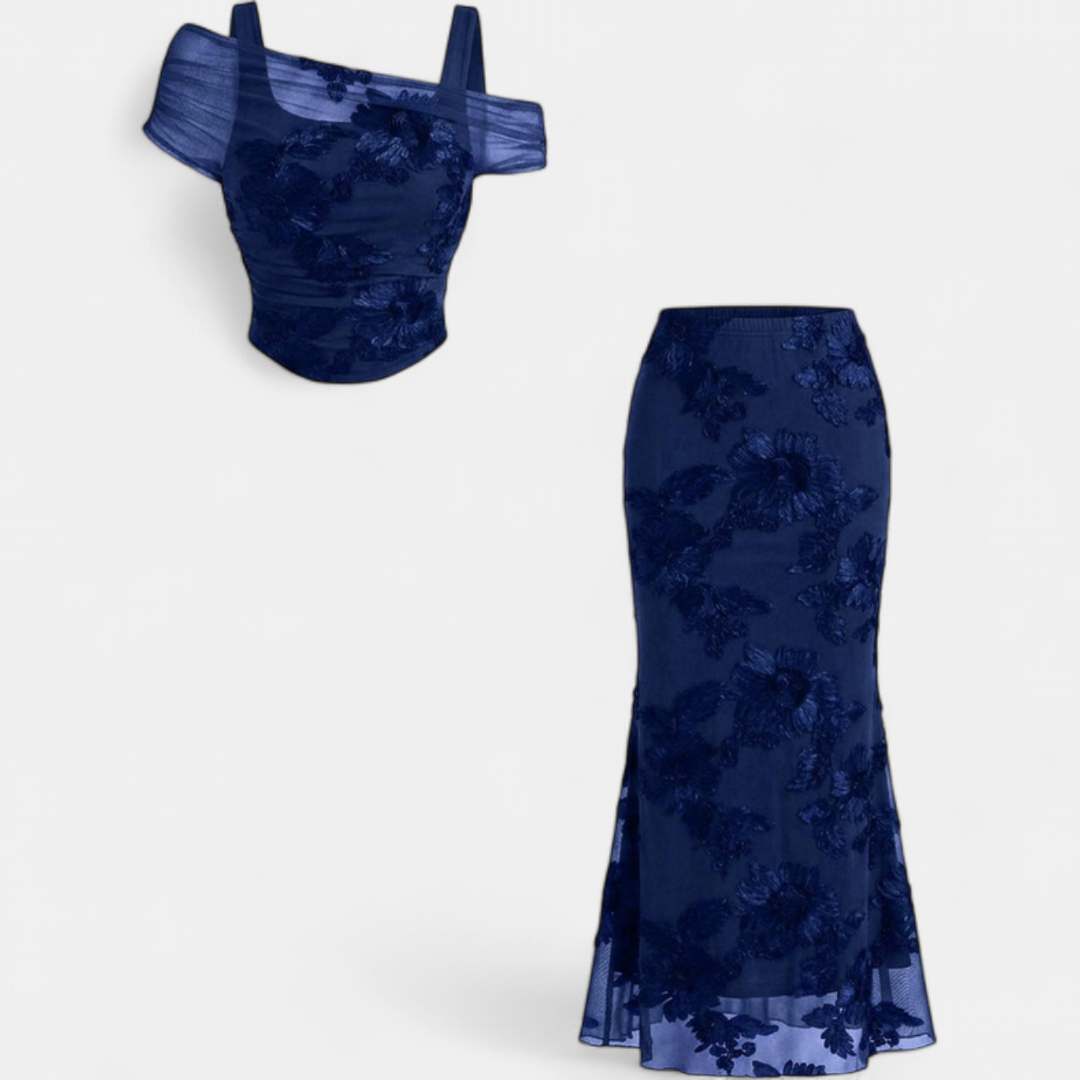 Floral Embroidered Mesh Corset Top and Mermaid Maxi Skirt Two Piece Set 5