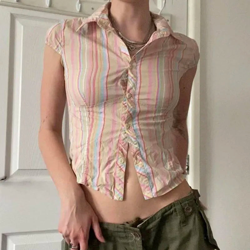 Vintage Stripe Slim Fit Cardigan Blouse for Effortless Style