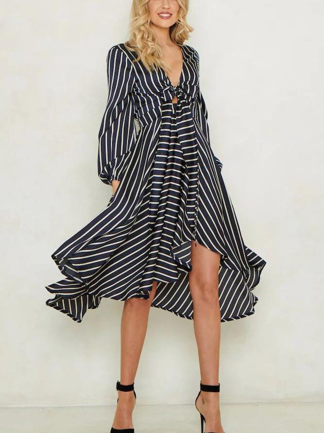 Striped Plunge-Neck Long-Sleeve Tie-Front High-Low Midi Dress