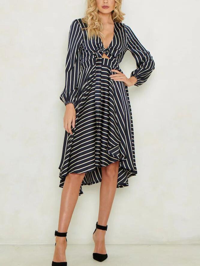 Striped Plunge-Neck Long-Sleeve Tie-Front High-Low Midi Dress 2
