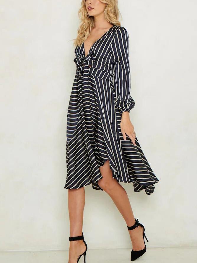 Striped Plunge-Neck Long-Sleeve Tie-Front High-Low Midi Dress 4