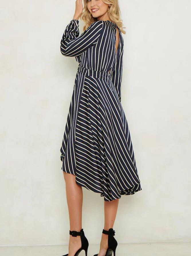 Striped Plunge-Neck Long-Sleeve Tie-Front High-Low Midi Dress 3