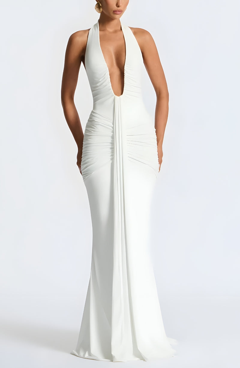 Jersey Deep-Plunge Halter Ruched Mermaid Gown 8