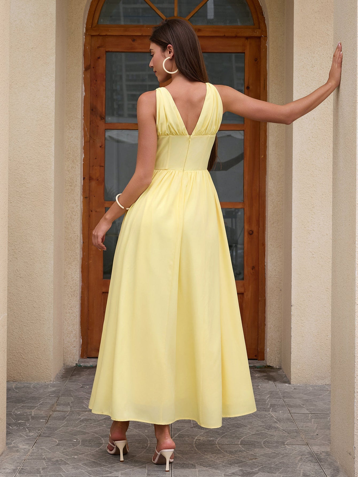 Deep V-Neck Bow Tie Ruched Fit and Flare Midi Dress - View 13