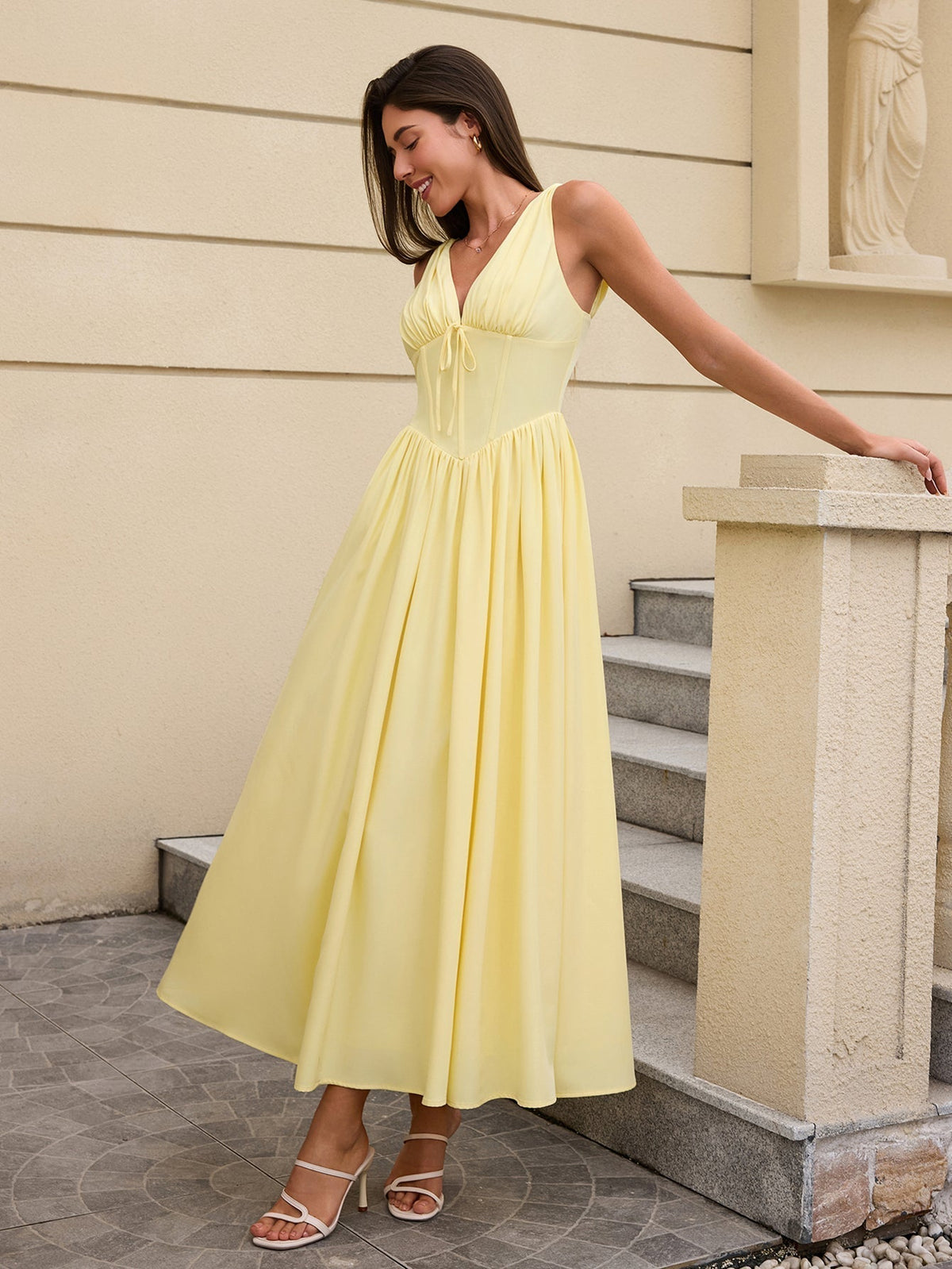 Deep V-Neck Bow Tie Ruched Fit and Flare Midi Dress - View 17