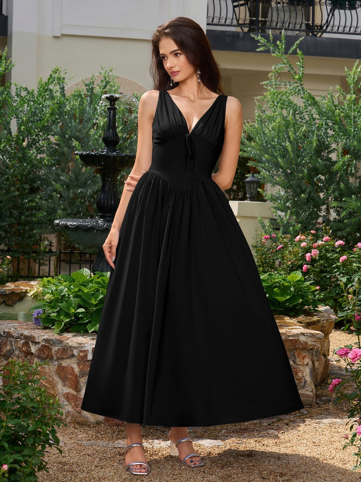 Deep V-Neck Bow Tie Ruched Fit and Flare Midi Dress