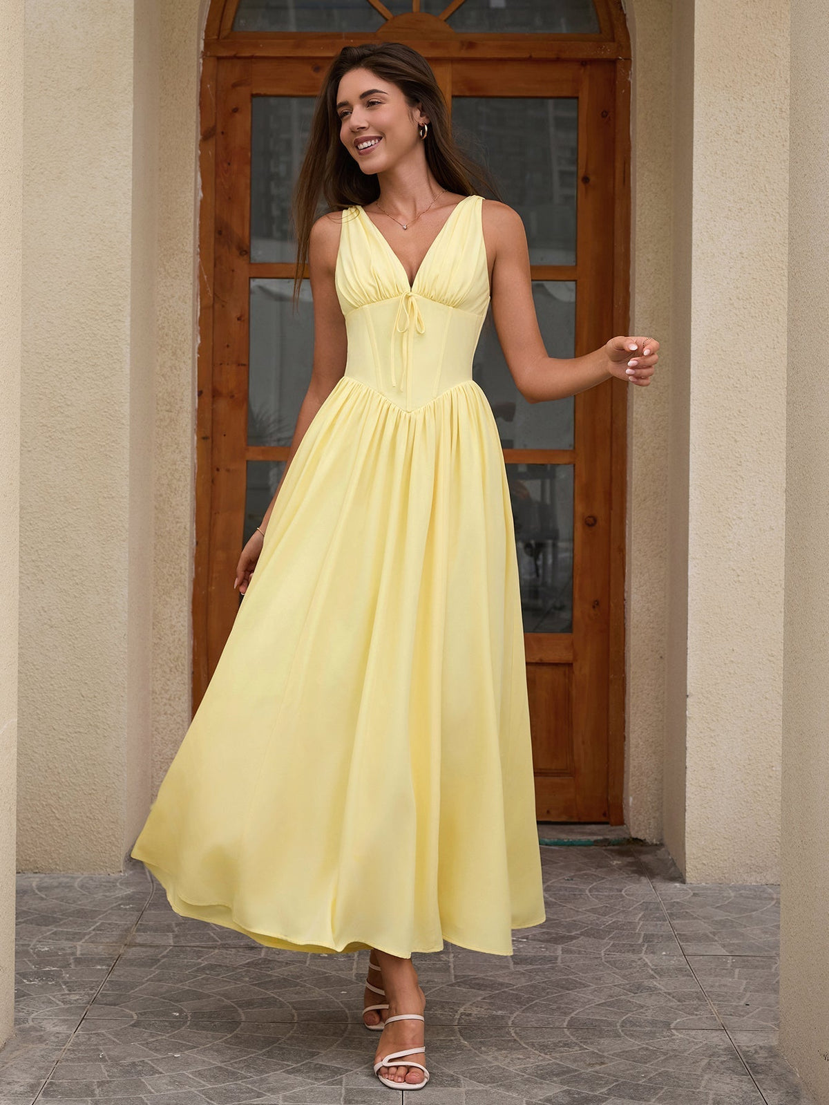 Deep V-Neck Bow Tie Ruched Fit and Flare Midi Dress - View 11