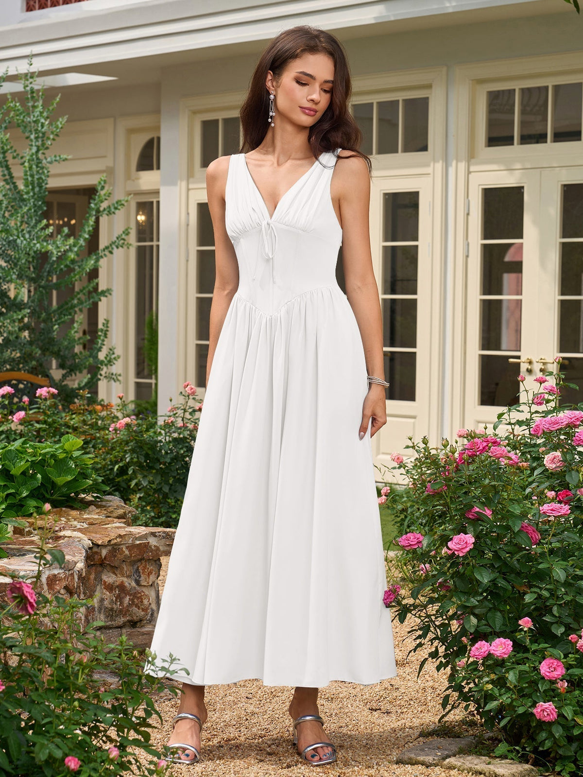 Deep V-Neck Bow Tie Ruched Fit and Flare Midi Dress - View 2