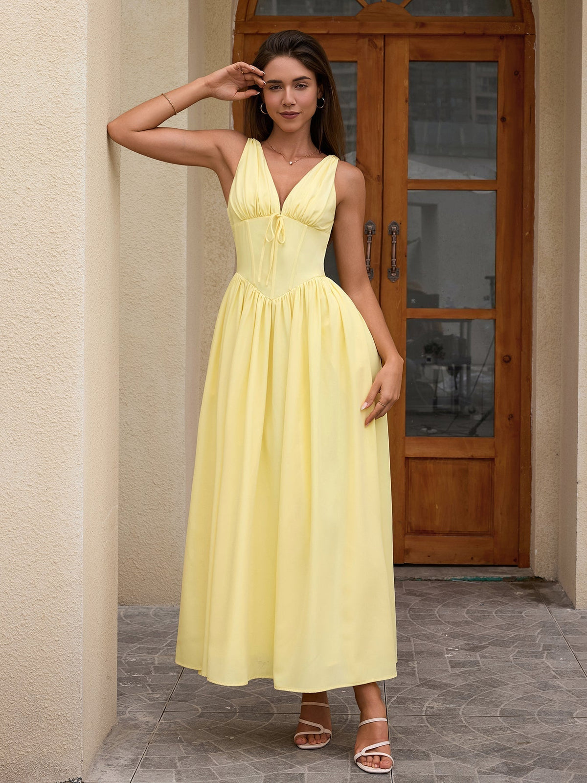 Deep V-Neck Bow Tie Ruched Fit and Flare Midi Dress - View 14