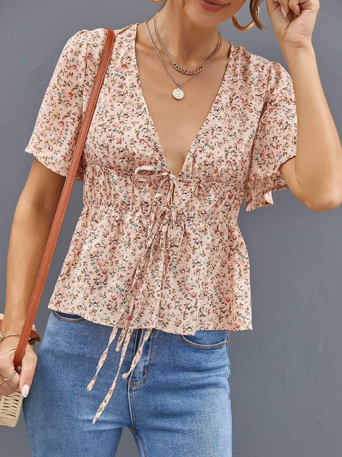 KittenAlarm - Deep V Neck Ditsy Floral Drawstring Top
