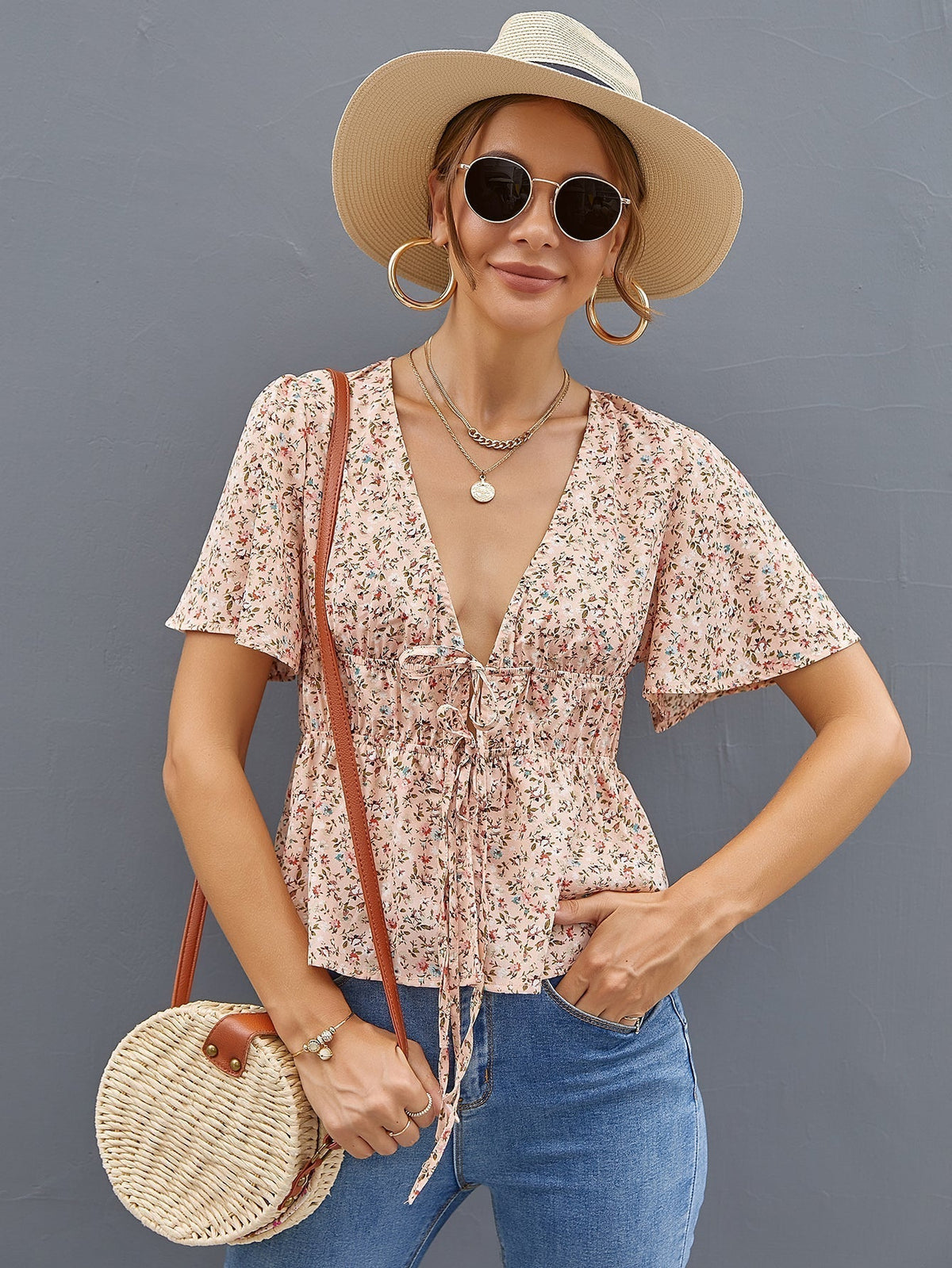 KittenAlarm - Deep V Neck Ditsy Floral Drawstring Top