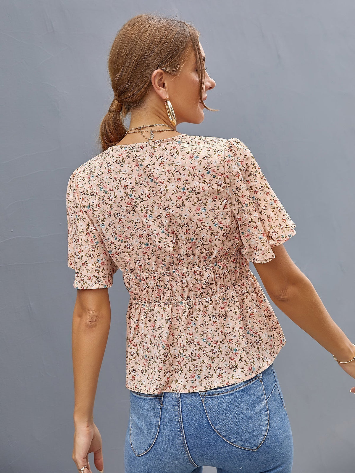 KittenAlarm - Deep V Neck Ditsy Floral Drawstring Top