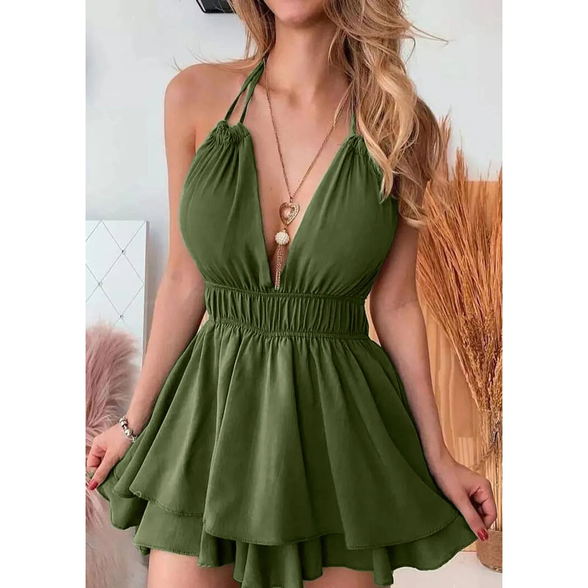 Deep V-Neck Halter Sleeveless Tiered Ruffle Mini Dress