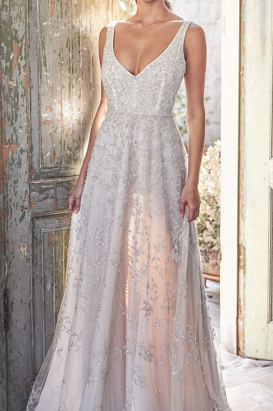 Deep V-neck Sleeveless Sequins Prom Dress - Mislish