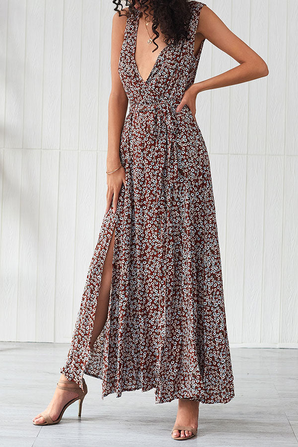 Deep V Neck Print Slit Dress - Mislish