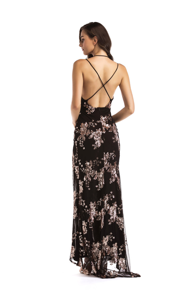 Deep V-neck High Slit Sequin Crisscross Lace-up Long Dress