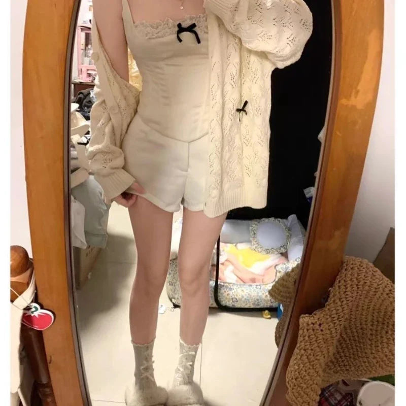 Kawaii Bow Hollow Out Solid Knit Cardigan