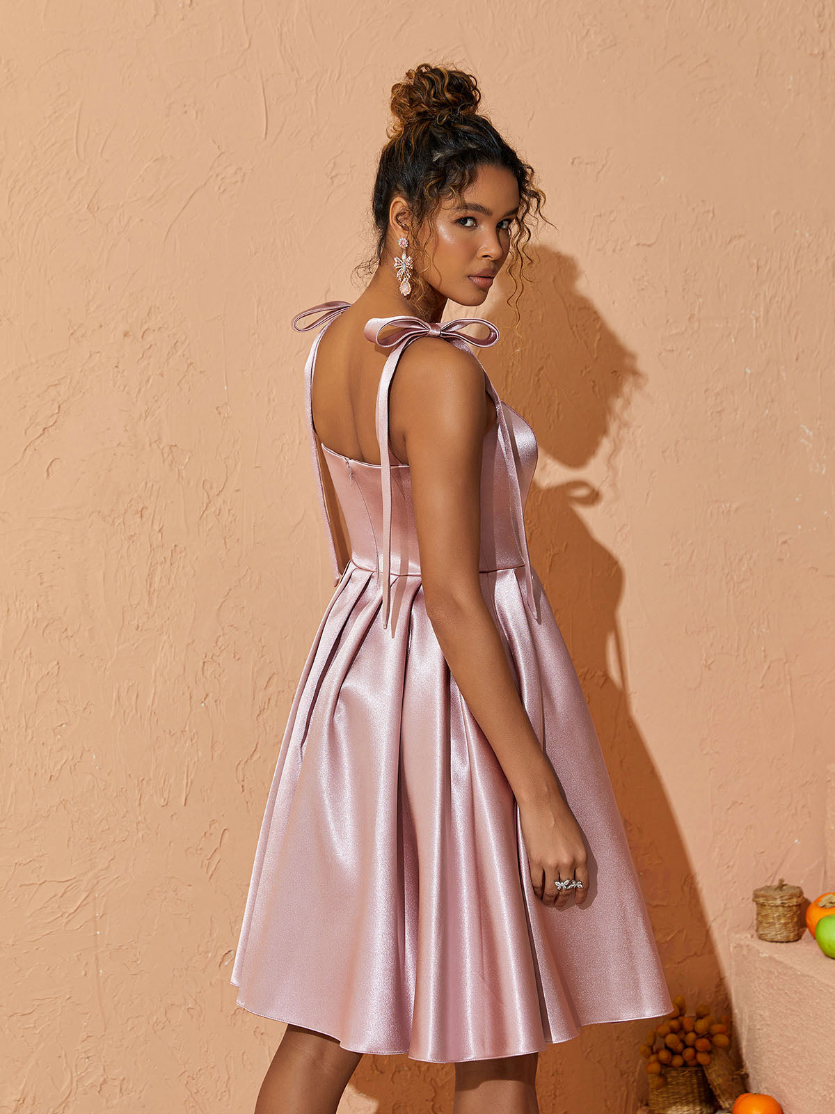 Satin Bow Strap Square Neck Pleated Fit and Flare Mini Dress