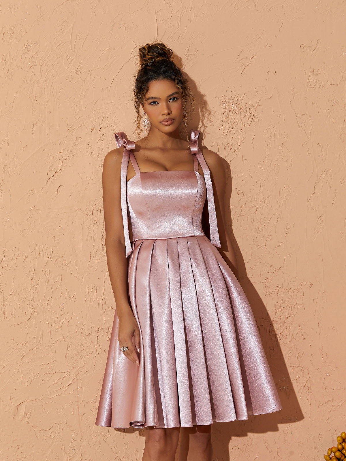 Satin Square Neck Tie Shoulder Bow Pleated Fit and Flare Midi Dress