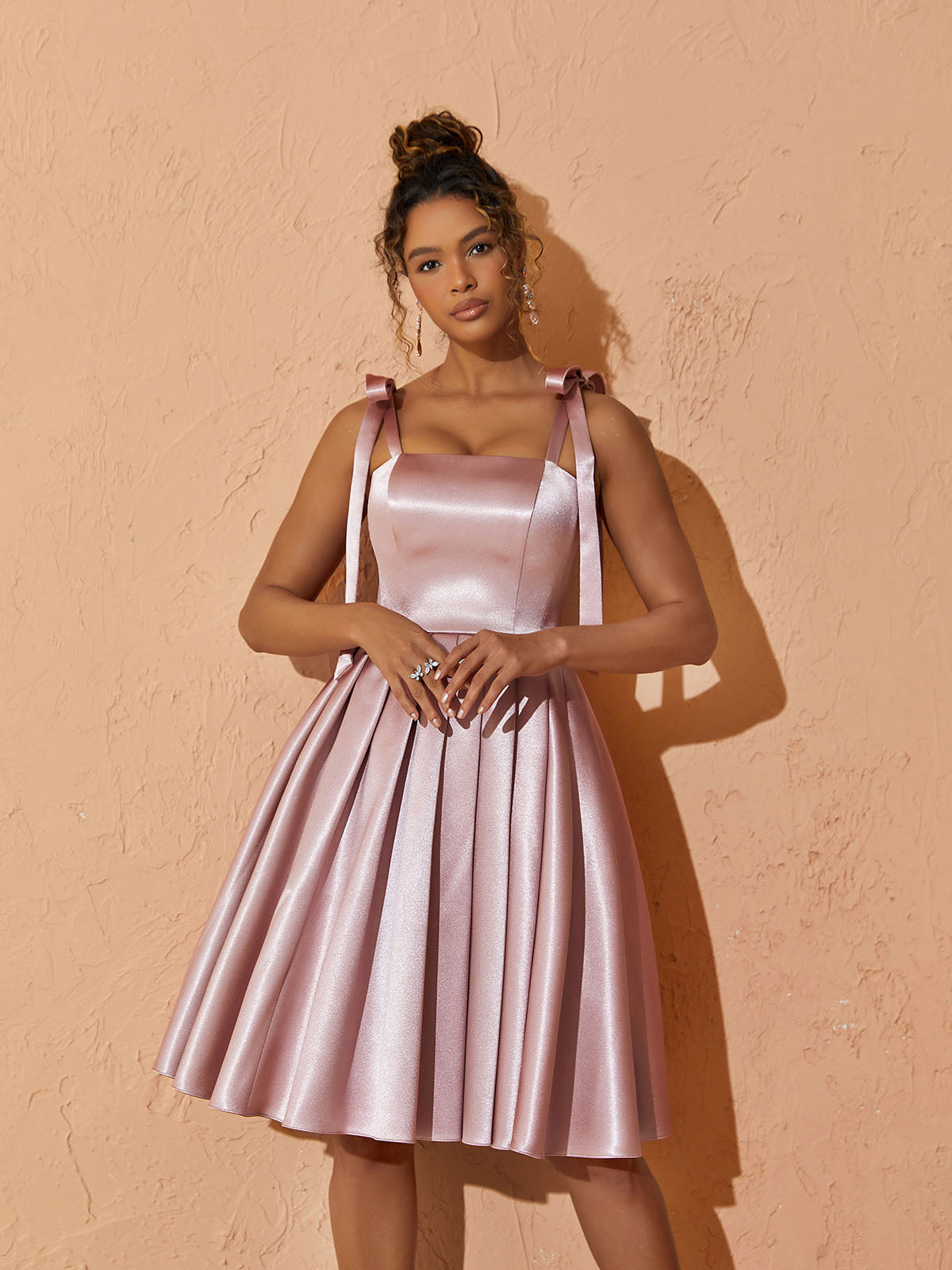 Satin Bow Strap Square Neck Pleated Fit and Flare Mini Dress