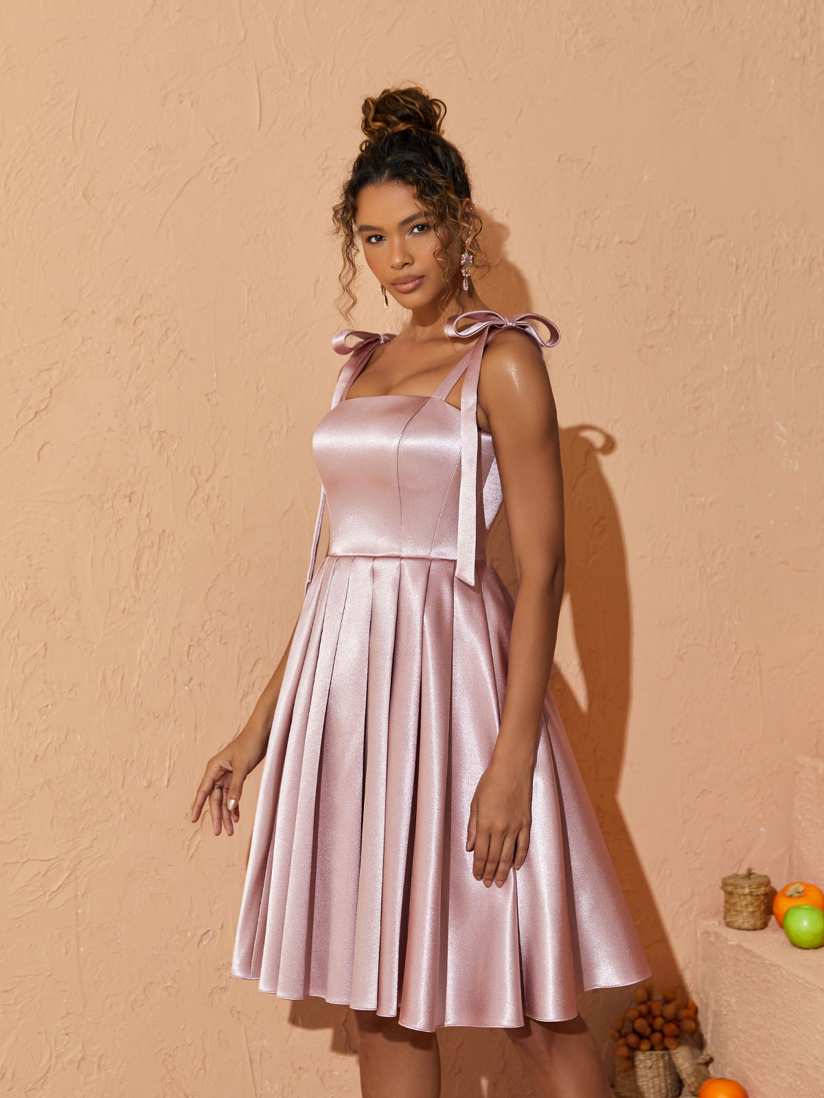 Satin Bow Strap Square Neck Pleated Fit and Flare Mini Dress
