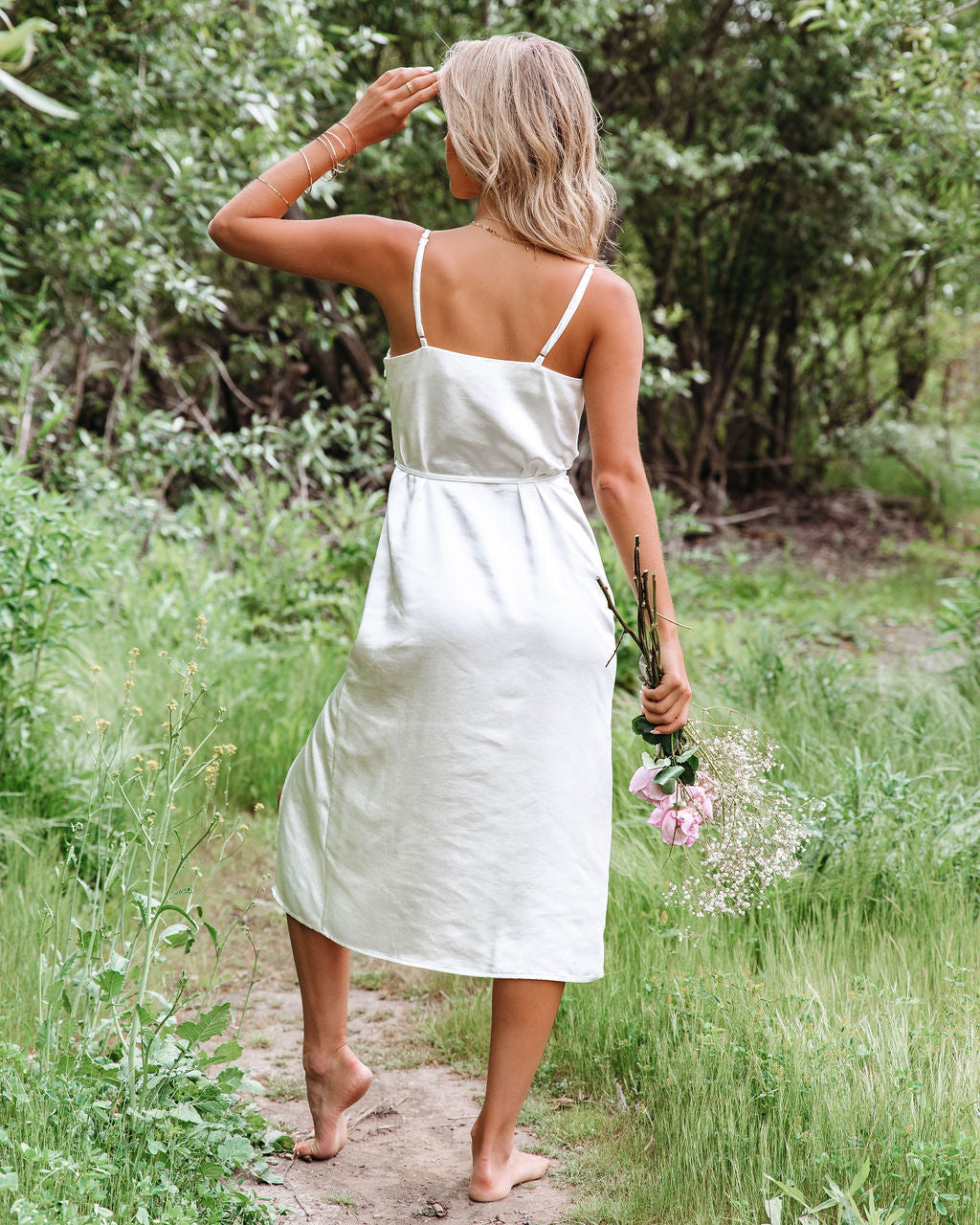 Satin Cowl Neck Spaghetti Strap Slip Midi Dress