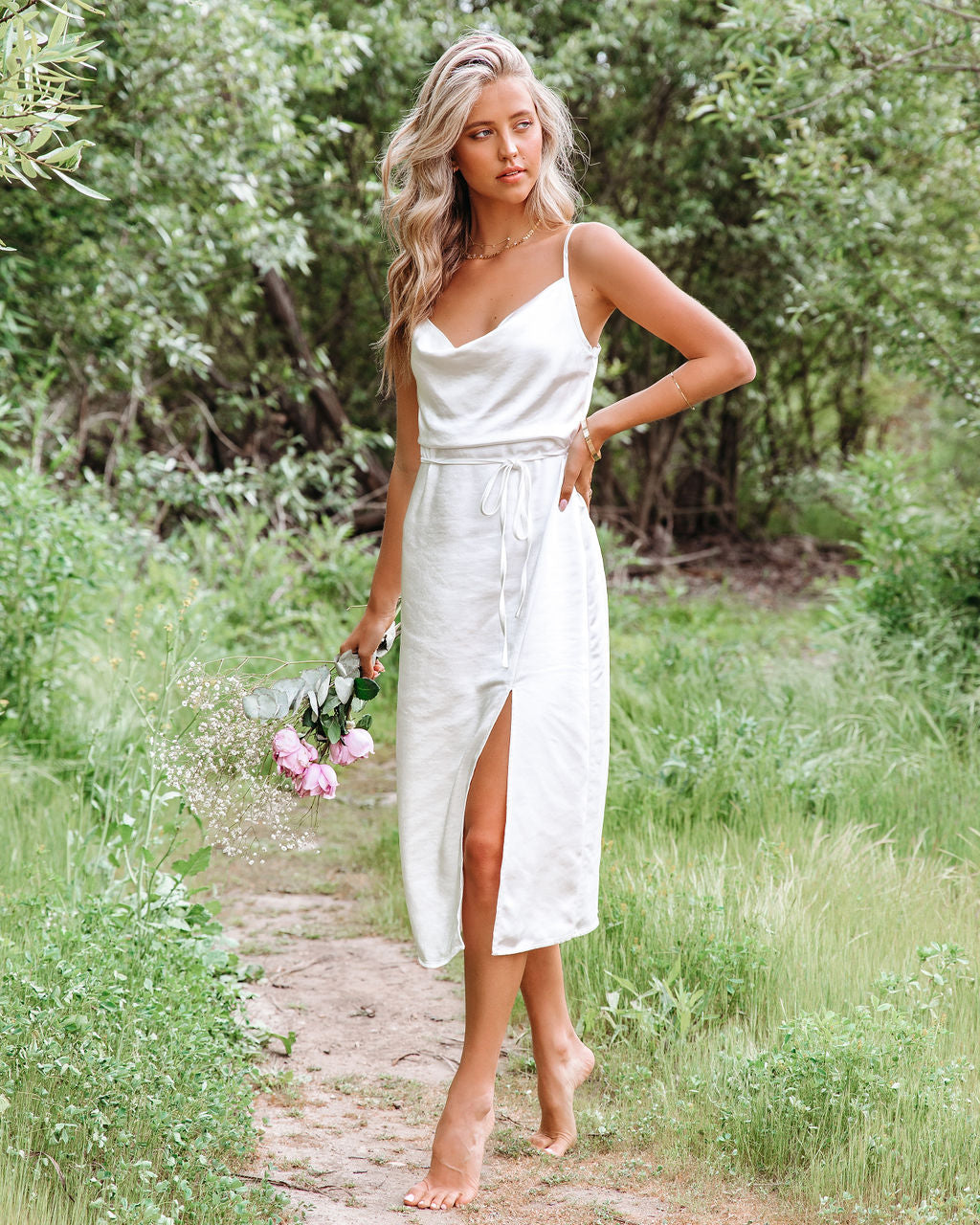 Satin Cowl Neck Spaghetti Strap Slip Midi Dress