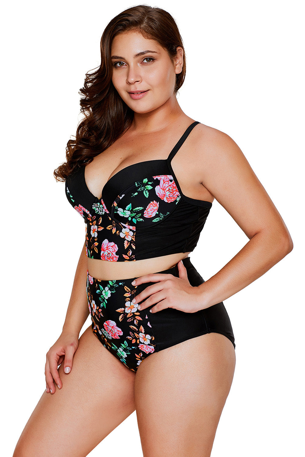 Black Floral Push Up High Waist Bikini Swimsuit