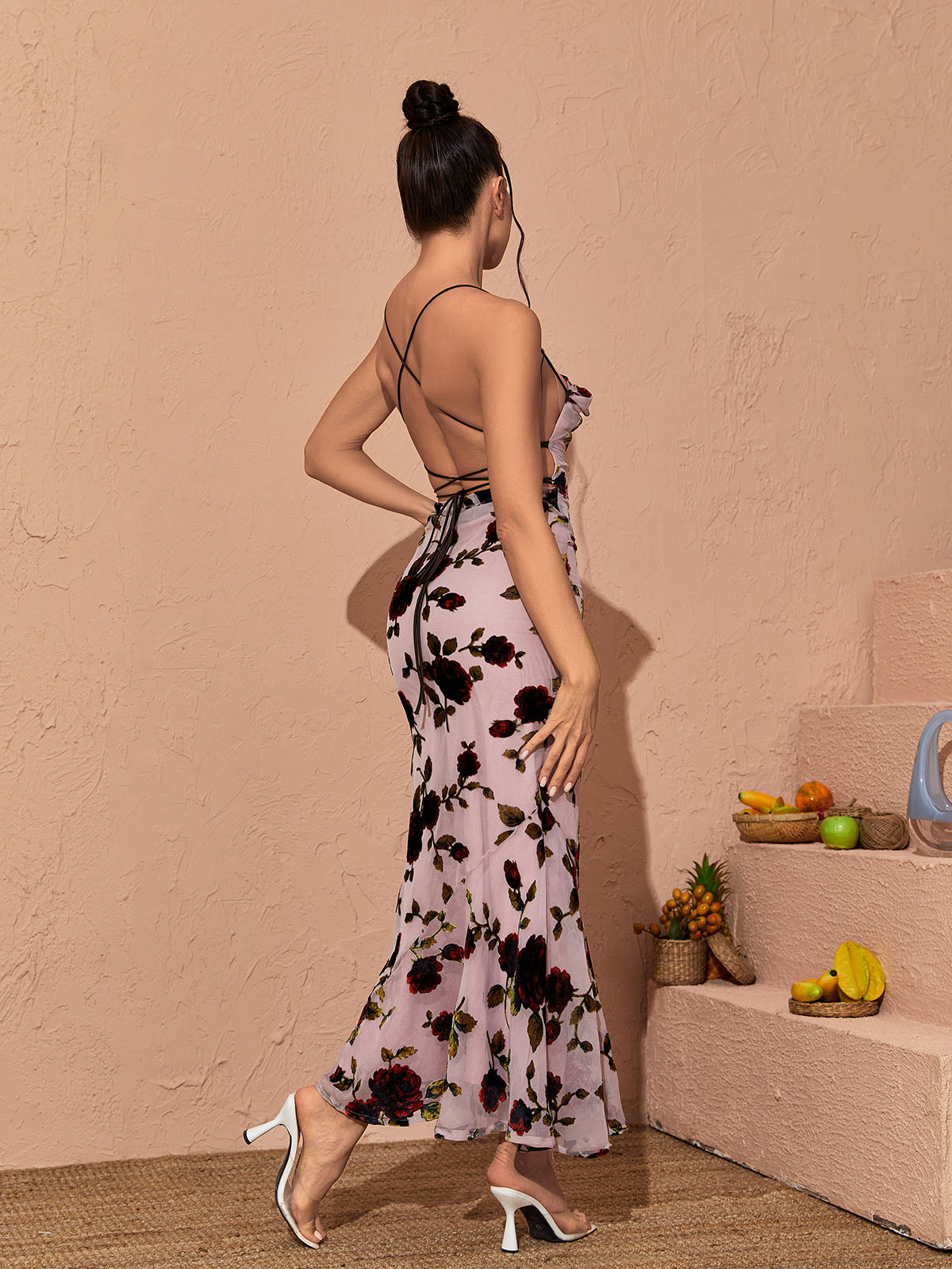 Rose Print Mesh Ruched Backless Fishtail Maxi Dress 2