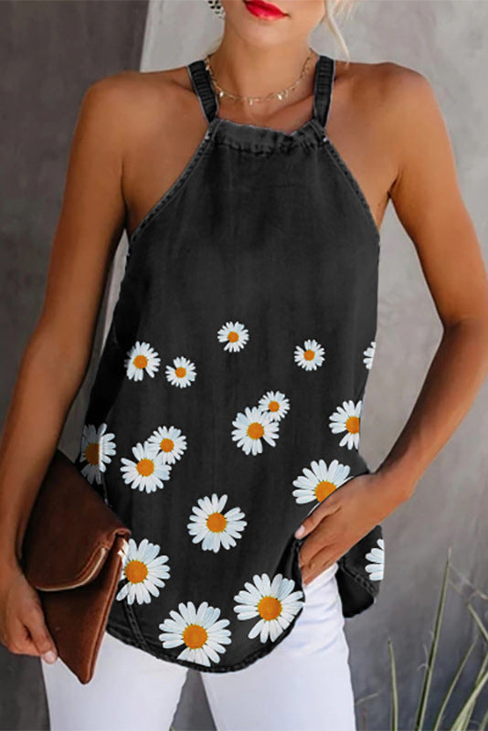 Denim Flower Scoop Tank Top - Mislish