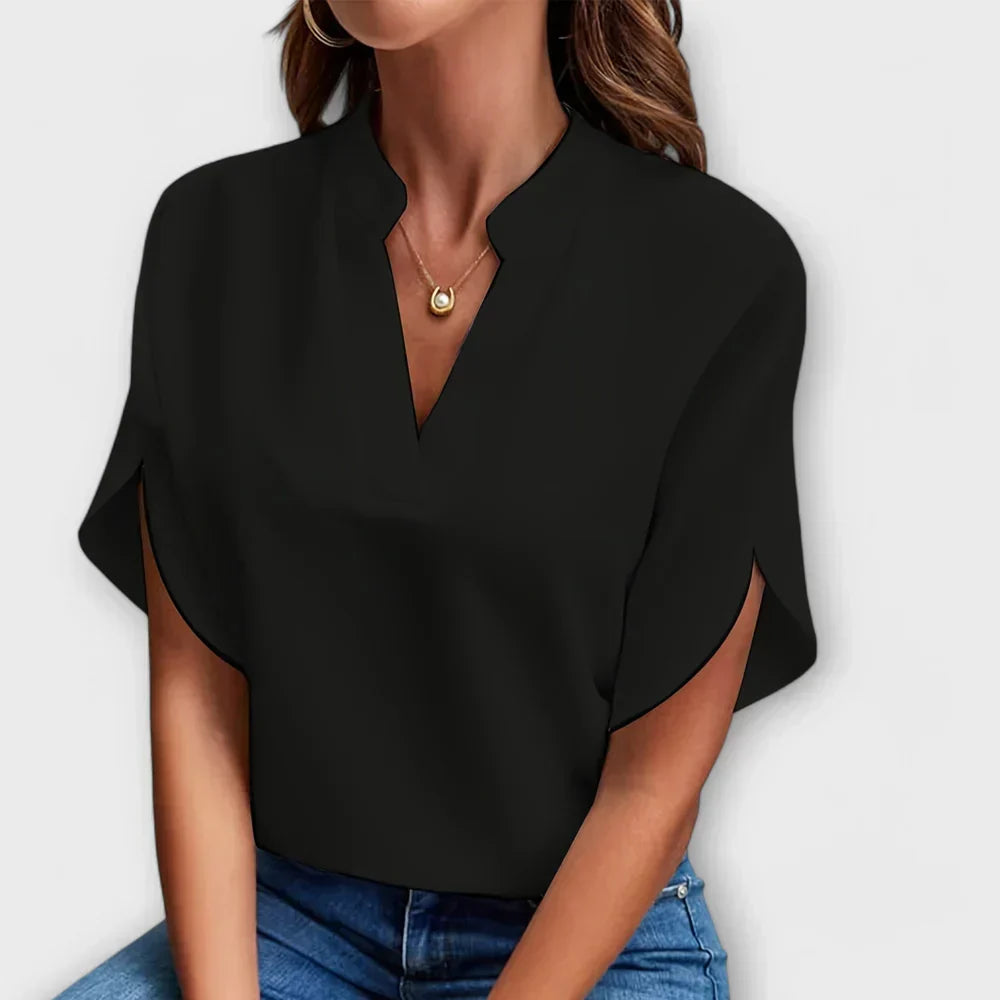 Stand Collar Split Neck Short Sleeve Satin Blouse 6