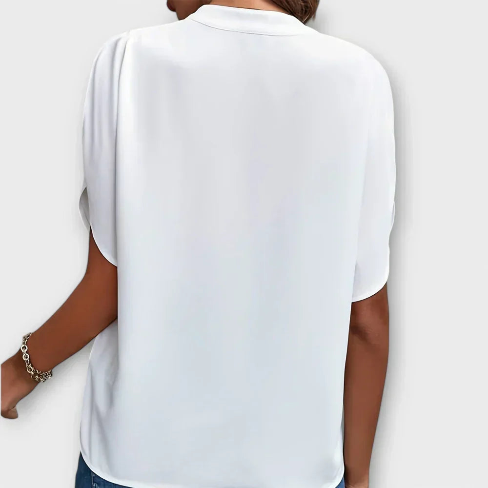 Stand Collar Split Neck Short Sleeve Satin Blouse 2