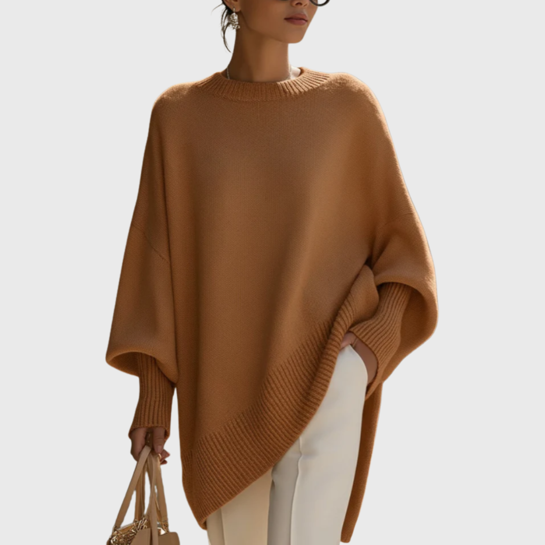 Crew Neck Oversized Asymmetric Hem Poncho Sweater 4