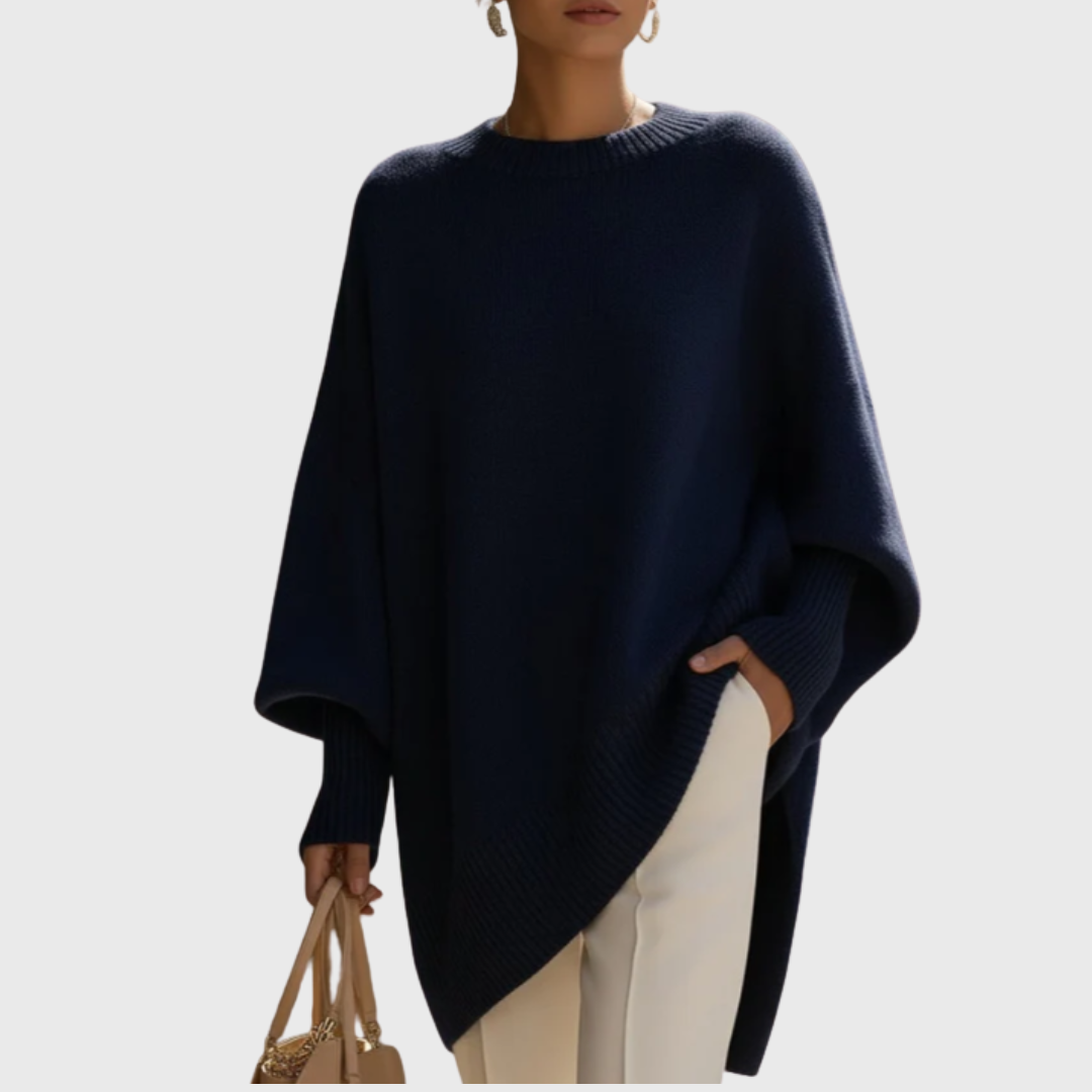 Crew Neck Oversized Asymmetric Hem Poncho Sweater 3