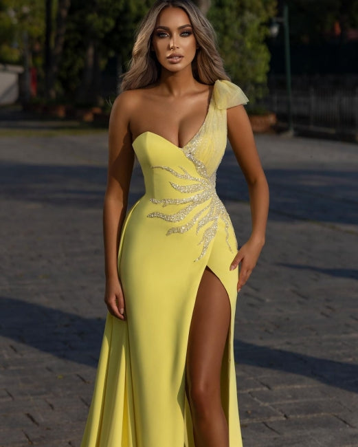 Designer Elegant Long Yellow Split Prom Evening Dresses with Glitter