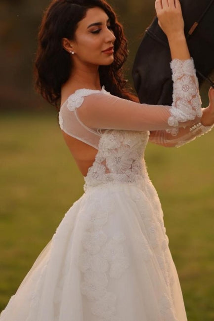 Designer Long A-line V-neck White Lacy Wedding Gown with Elegant Long Sleeves - Fashionpara
