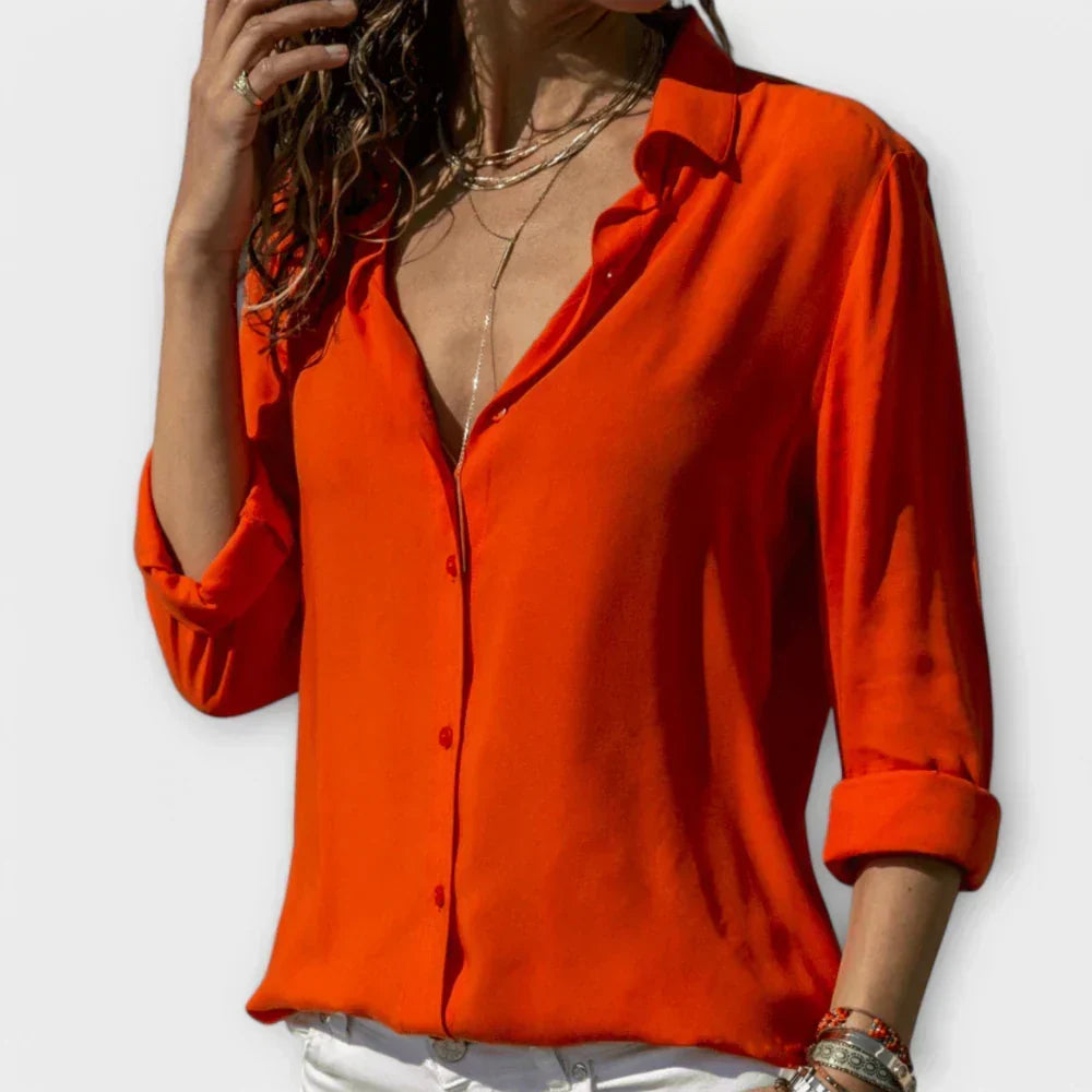 Collared Long Sleeve Button Front Satin Blouse 2