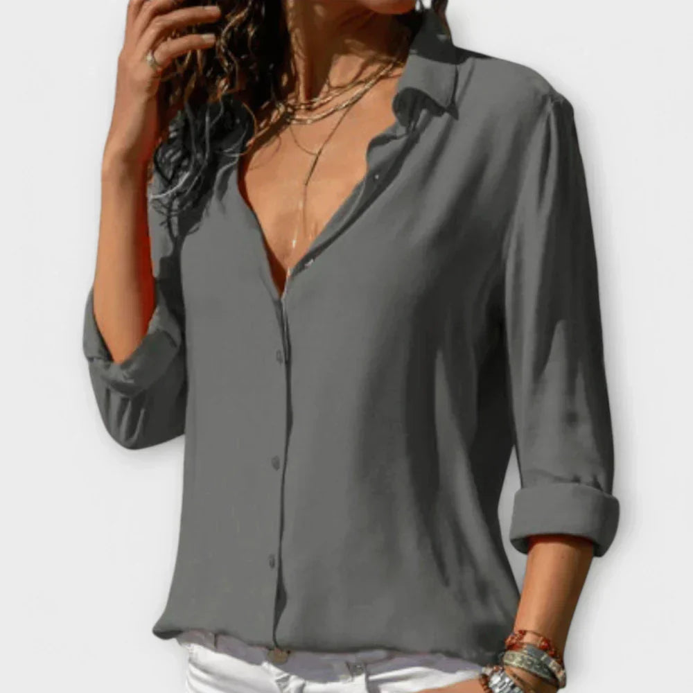 Collared Long Sleeve Button Front Satin Blouse 3