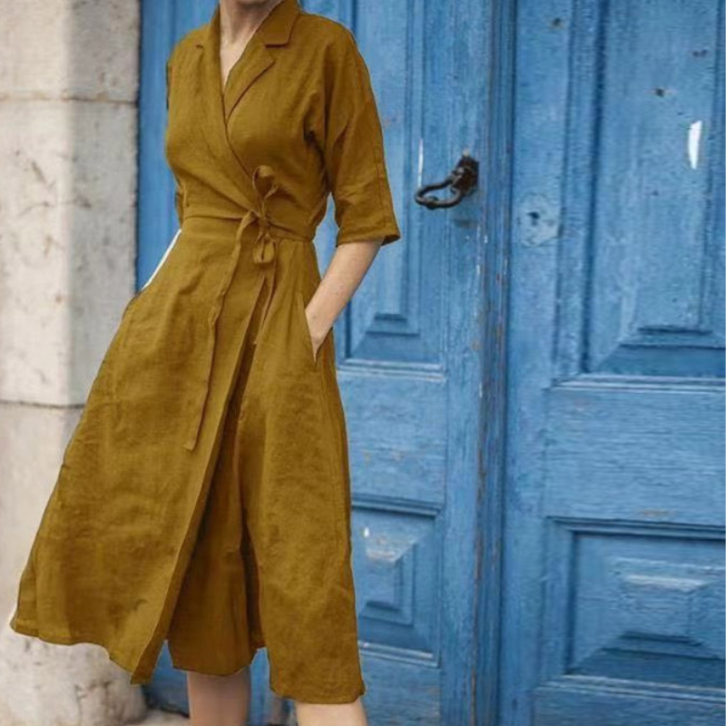 Shirt Collar Elbow Sleeve Tie Waist A-Line Midi Dress - View 2