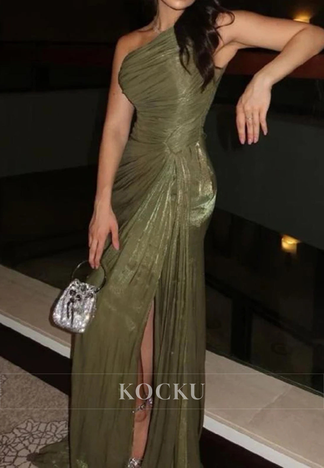 One - Shoulder Ruched Olive Green Gown with High Slit for Evening Events