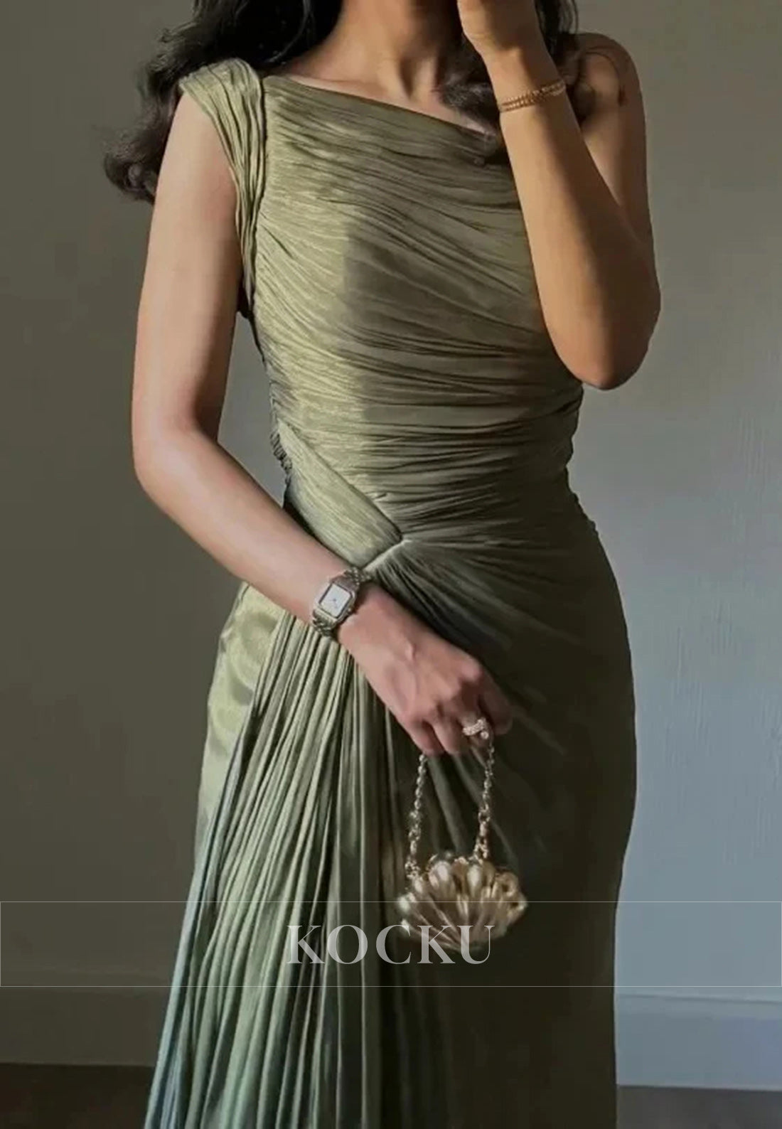 One - Shoulder Ruched Olive Green Gown with High Slit for Evening Events