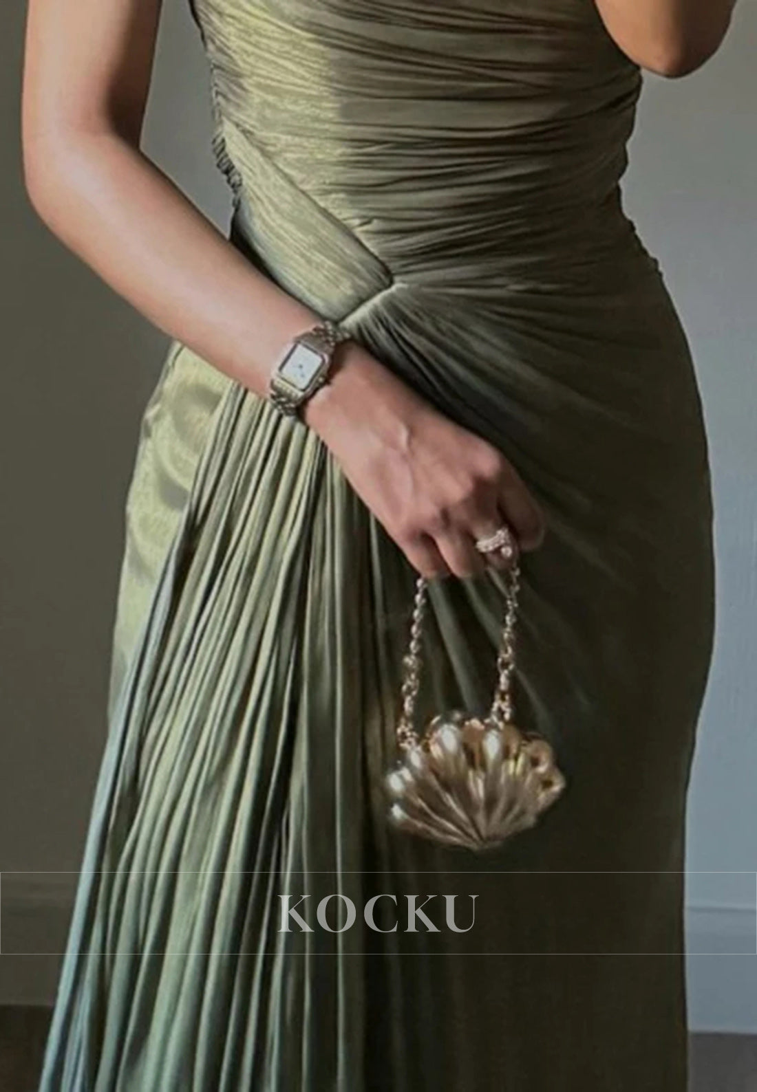 One - Shoulder Ruched Olive Green Gown with High Slit for Evening Events